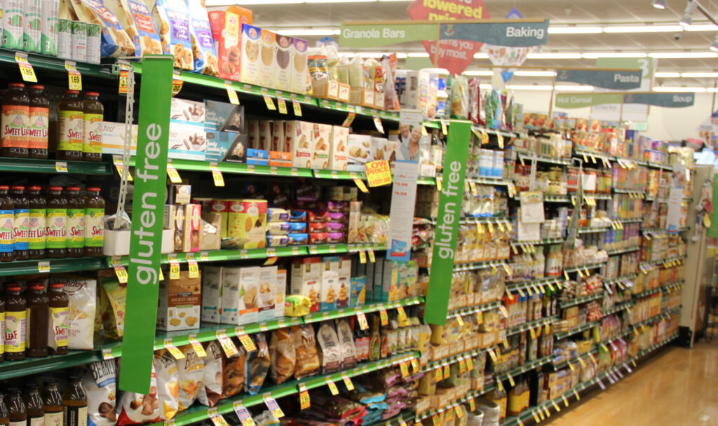 Aisles of food in a grocery store.