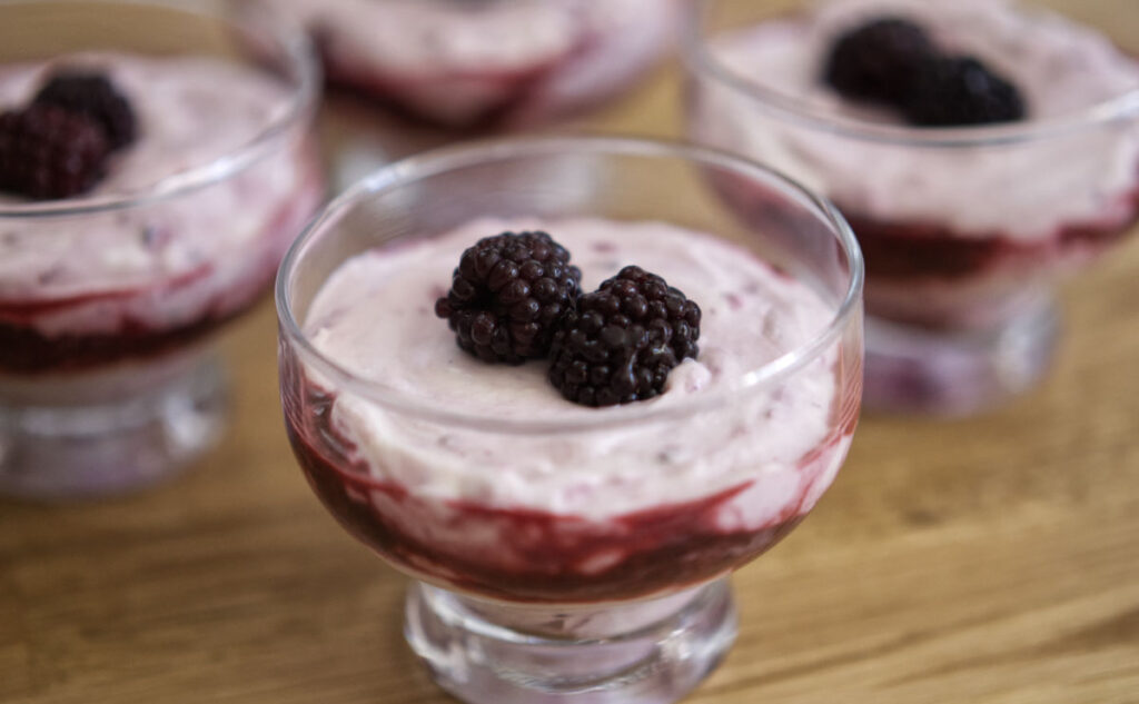 Blackberry Fool un a glass dish