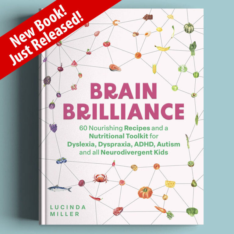 Cover of a book titled "Brain Brilliance" by Lucinda Miller, a renowned naturopath. Features colorful illustrations of fruits, vegetables, and brain connections. Text on a red ribbon reads, "New Book! Just Released!" The book offers recipes and a toolkit for neurodivergent kids.