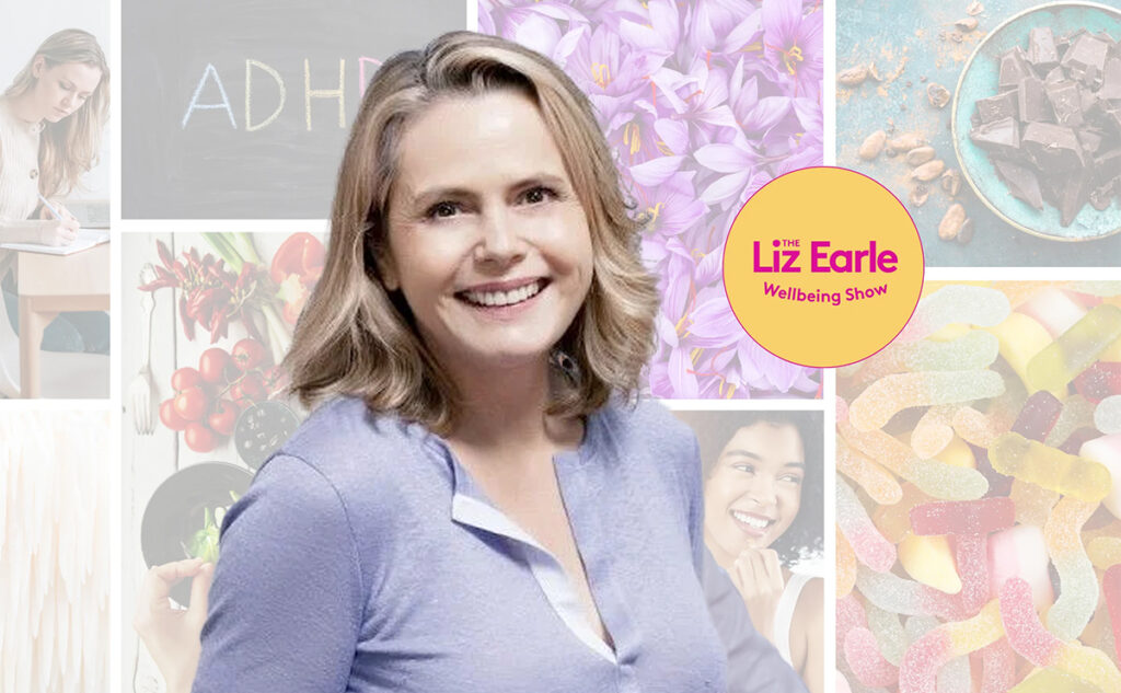 Liz Earle, smiling, stands against a collage background featuring colourful images of food, flowers, and people. A circular logo reads "The Liz Earle Wellbeing Show".