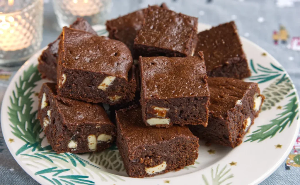A plate of homemade chocolate brownies with visible white chocolate chunks, stacked on a decorative plate with a green leafy pattern. Candles in glass holders are blurred in the background.